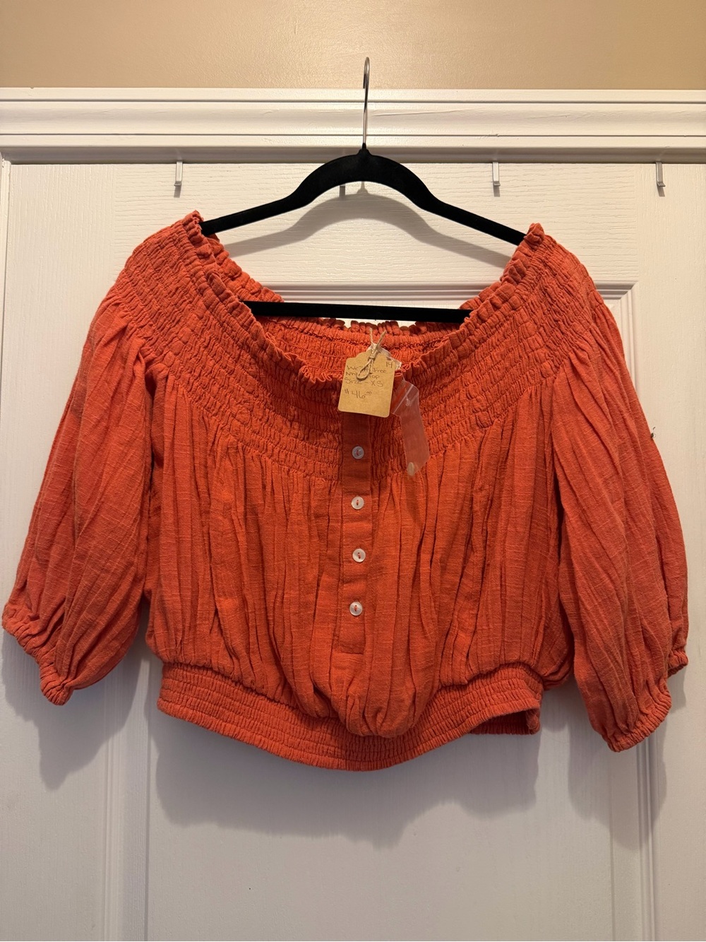 We The Free Orange Off-Shoulder Smocked Button-Front Top